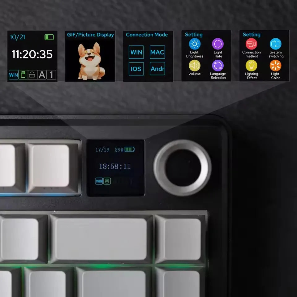 Teclado Mecânico Gaming AULA F75 MAX 2.4G Sem Fios/BT/Com Fio Hot-Swap RGB 75% 81 Teclas Teclado de Escritório com Ecrã TFT