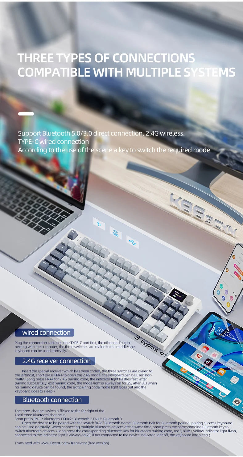 Tastiera meccanica ATTACK SHARK K86 con manopola in metallo, schermo smart TFT a colori, layout a 87 tasti, illuminazione RGB e connessione tri-mode