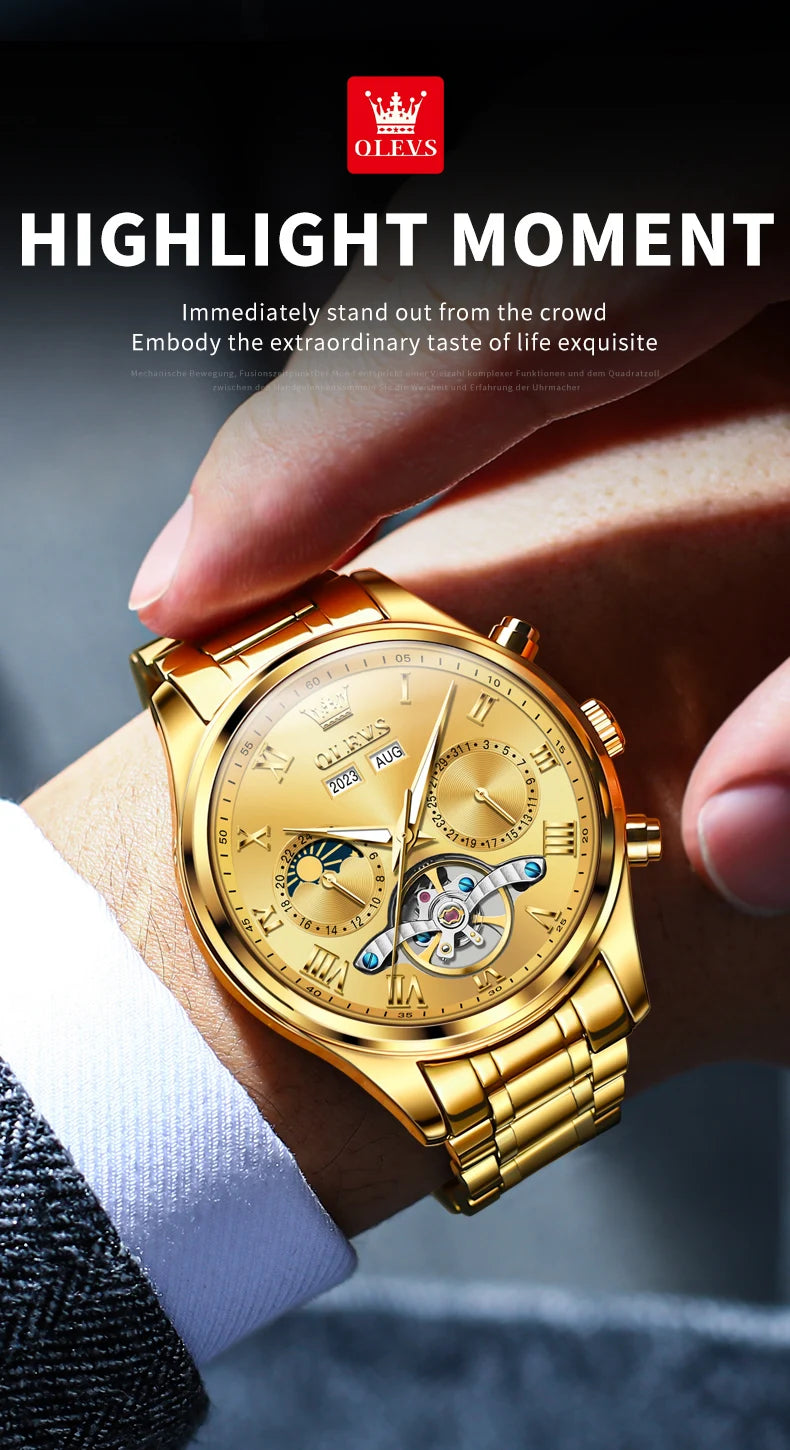 OLEVS 7005 Classic Business Mechanical Wristwatch for Man Skeleton Flywheel 24 Hour Moon Phase  Calendar Luxury Men's Watch