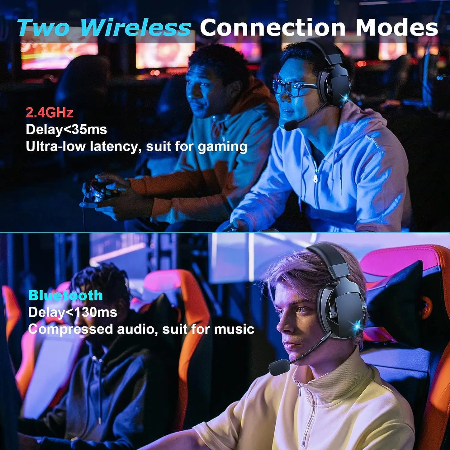 Gaming Headset with Detachable Noise-Cancelling Microphone – 3-Mode Wireless Bluetooth 5.3, 2.4G USB & 3.5mm Wired Gaming Headset with 50mm Drivers