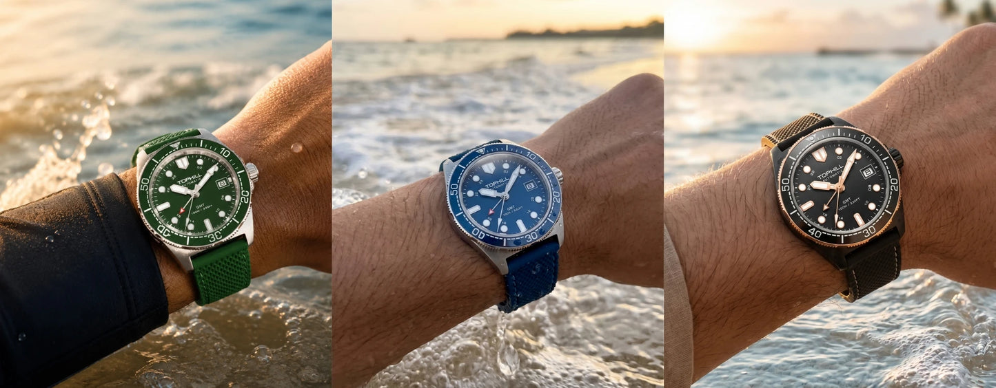 Tophill 39.5mm Automatic NH34 GMT Watch Swim 3H Date Window Mechanical C3 Green Lume 100M Waterproof Sapphire Crystal TD011G