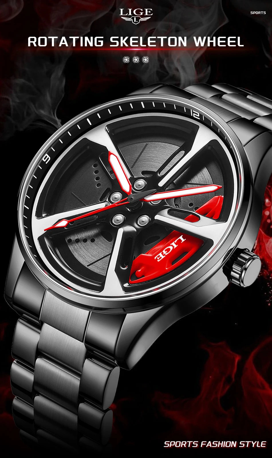 LIGE New Sport 3d Car Wheel Rim Hub Watch Fashionable Rotating Dial Stainless Steel Strap Waterproof Quartz Watches reloj hombre