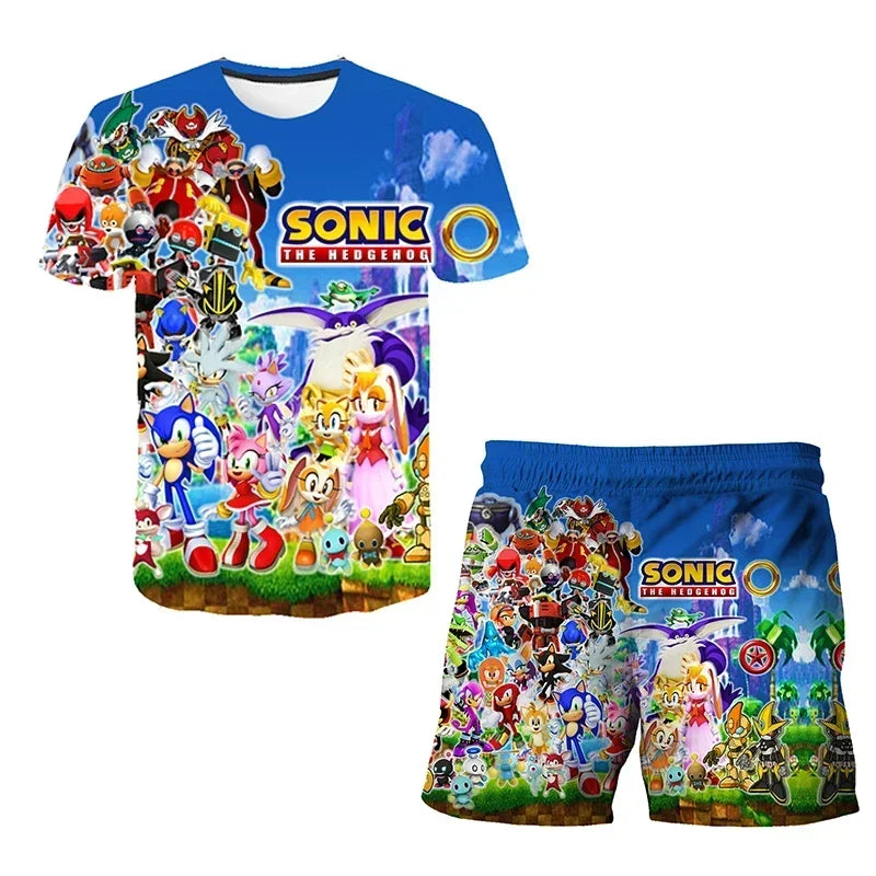 Fashion 3D Anime Children's T-shirt Set Sonic The Hedgehog Top Short Sleeve + Shorts Two-piece Set Girls Boys Cosplay Costume