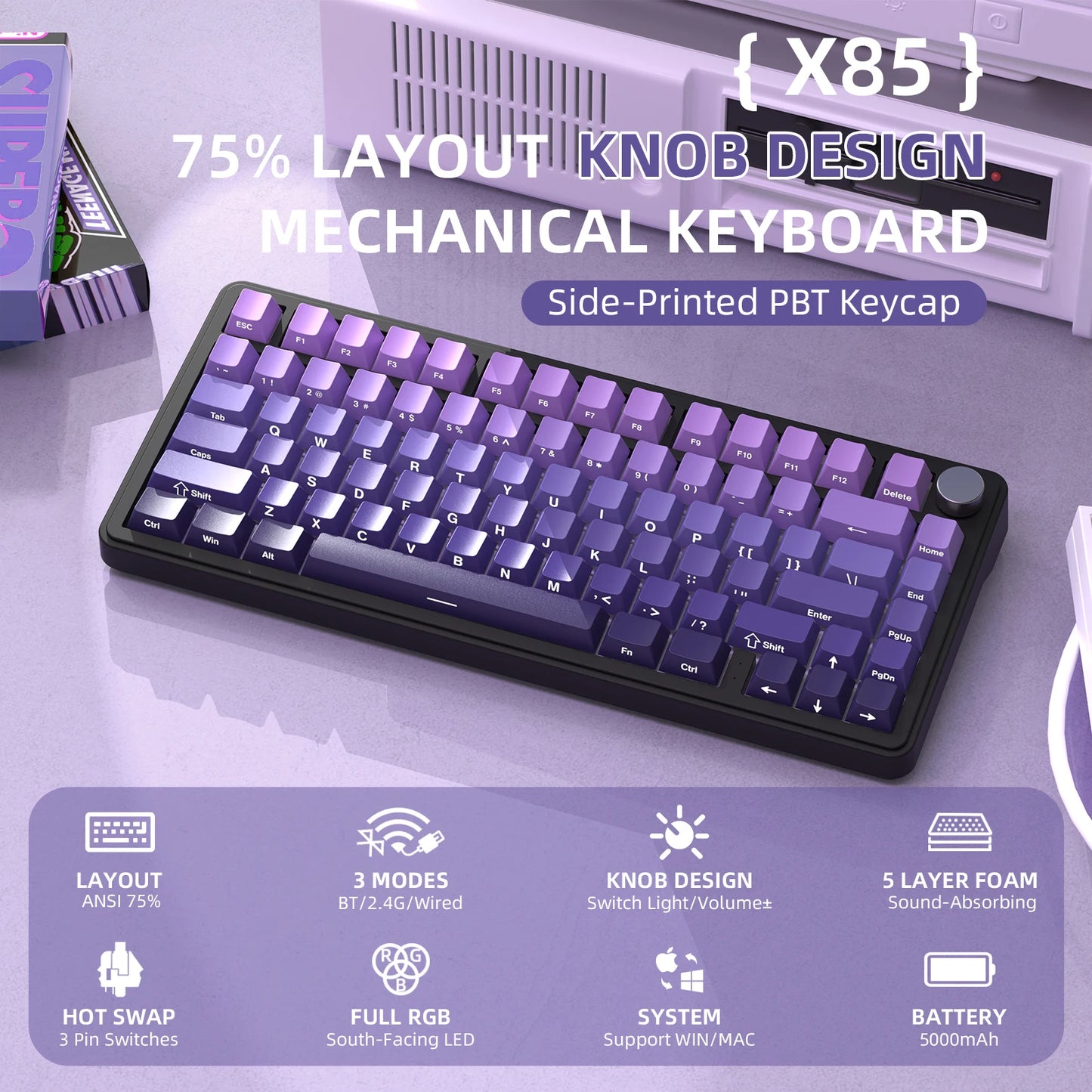 Teclado mecánico ATTACK SHARK X85 trimodo Gasket 75% con perilla CNC, acolchado de 5 capas, hot-swap, retroiluminación RGB y NKRO