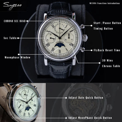 Sugess Men Watch ST1908 Swanneck Movement Mechanical Chronograph Wristwatch Genuine Moonphase Calendar Vintage Leather NEW 2023