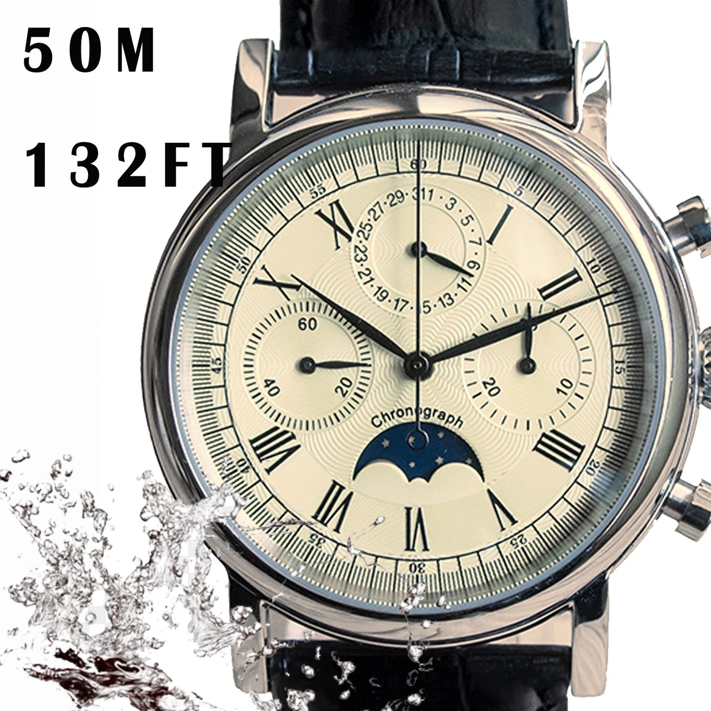 Sugess Men Watch ST1908 Swanneck Movement Mechanical Chronograph Wristwatch Genuine Moonphase Calendar Vintage Leather NEW 2023